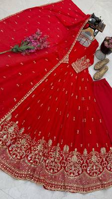 Designer red heavy embroidered anarkali kurta set with dupatta & pant 4