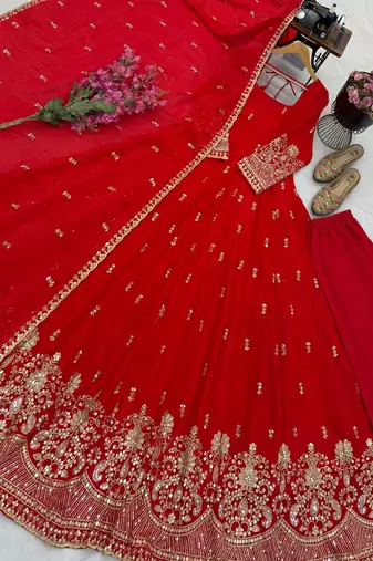 Designer red heavy embroidered anarkali kurta set with dupatta & pant