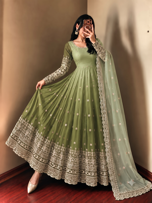 Women's designer shaded green anarkali gown suit with bottom & dupatta 1