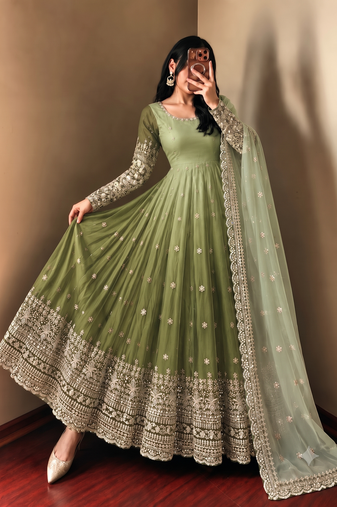 Women's designer shaded green anarkali gown suit with bottom & dupatta
