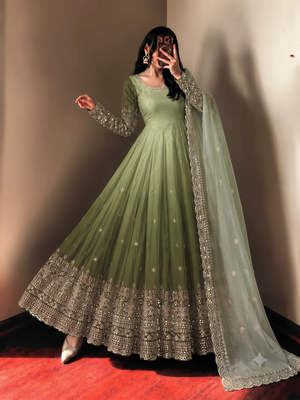 Women's designer shaded green anarkali gown suit with bottom & dupatta 2