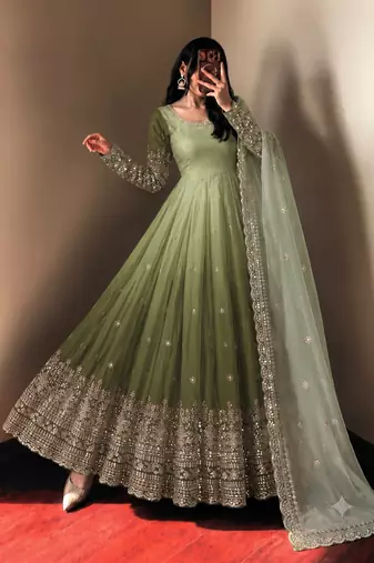 Women's designer shaded green anarkali gown suit with bottom & dupatta