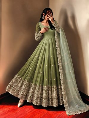 Women's designer shaded green anarkali gown suit with bottom & dupatta 3