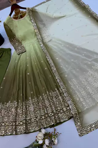 Women's designer shaded green anarkali gown suit with bottom & dupatta