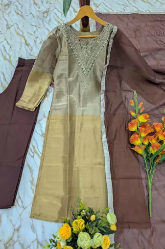 Gold and silver viscose straight embroidered kurta set for women with dupatta and pant