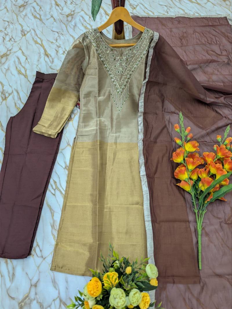 Gold and silver viscose straight embroidered kurta set for women with dupatta and pant