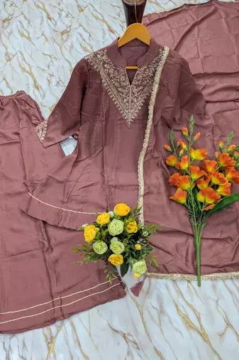 Women's brown silk blend embroidered kurta set with dupatta and palazzo