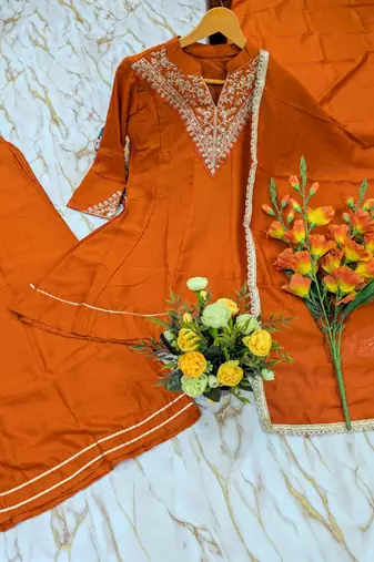 Women's orange silk blend embroidered kurta set with dupatta and palazzo