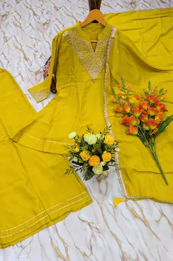 Women's yellow silk blend embroidered kurta set with dupatta and palazzo
