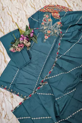 Women's teal chanderi straight kurta set with dupatta and pant