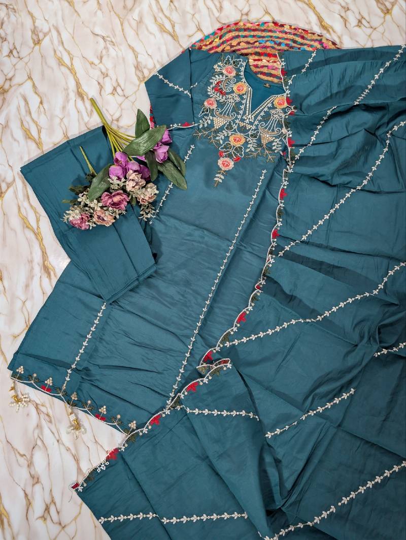 Women's teal chanderi straight kurta set with dupatta and pant