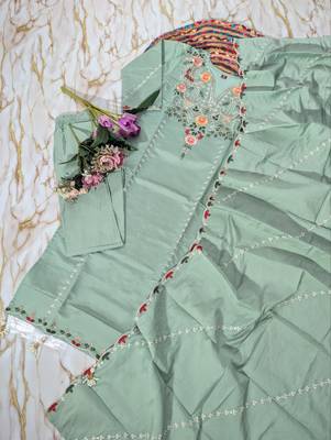 Women's light green chanderi straight kurta set with dupatta and pant 6