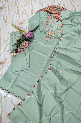 Women's light green chanderi straight kurta set with dupatta and pant