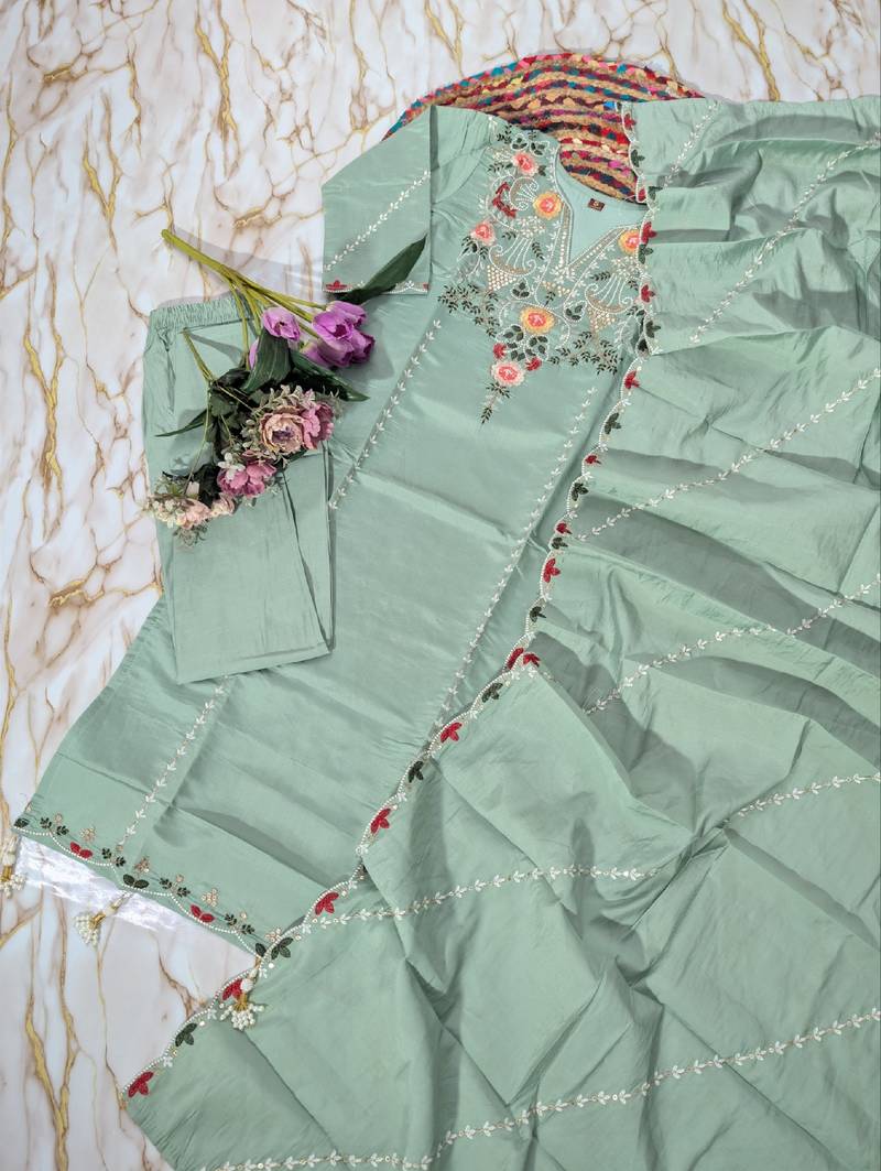 Women's light green chanderi straight kurta set with dupatta and pant
