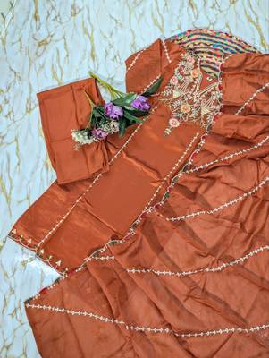 rust embroidered chanderi straight kurta set with pant 6