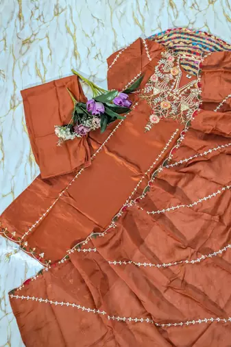 rust embroidered chanderi straight kurta set with pant