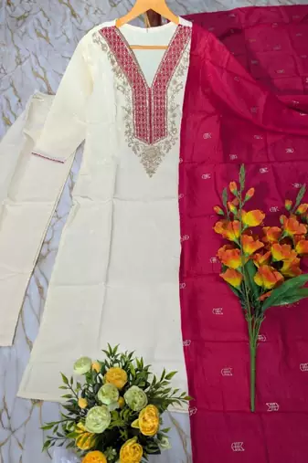 Women's off white straight embroidered silk blend kurta set with dupatta and pant