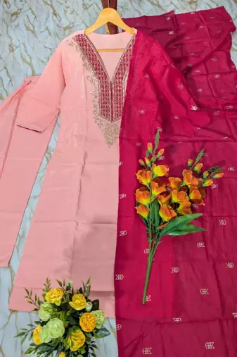 Women's peach straight embroidered silk blend kurta set with dupatta and pant