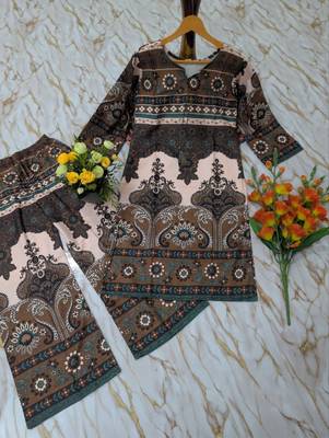 Women's dark brown rayon printed kurti set with palazzo 5