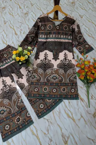 Women's dark brown rayon printed kurti set with palazzo