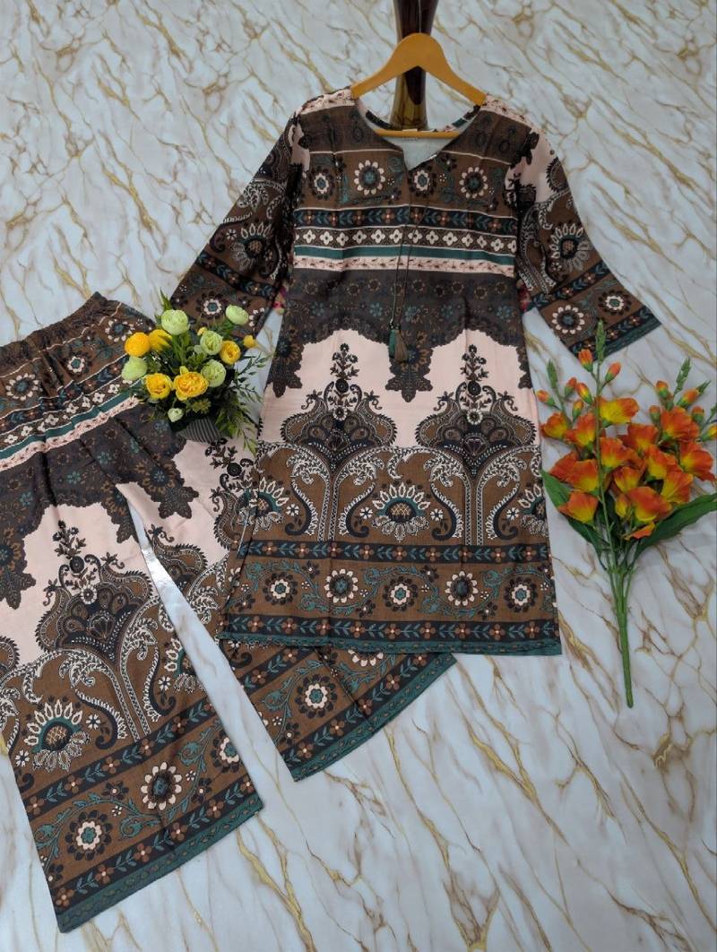 Women's dark brown rayon printed kurti set with palazzo