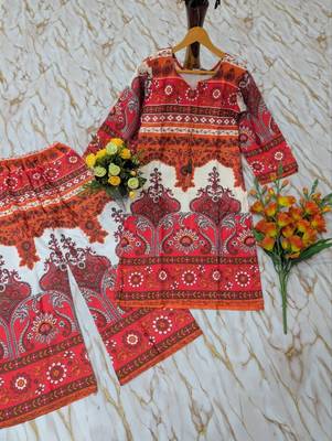 Women's pink rayon printed kurti set with palazzo 5