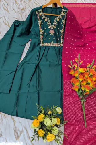 A-line green embroidered silk blend kurta pant set with pink dupatta     festive ethnic wear for women