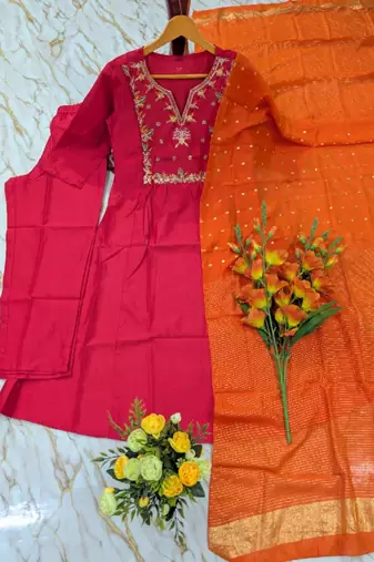 A-line red embroidered silk blend kurta pant set with pink dupatta     festive ethnic wear for women