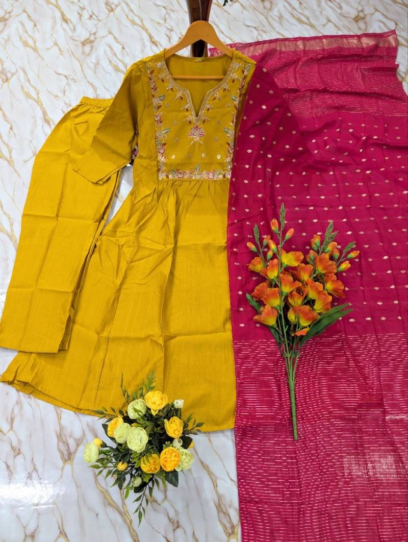 A-line mustard embroidered silk blend kurta pant set with pink dupatta     festive ethnic wear for women