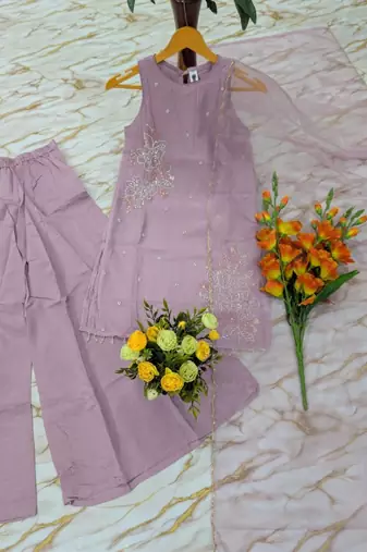 Wome's lavender silk blend straight kurti palazzo set with dupatta