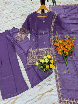Women's purple embroidered straight crunchy silk kurta set with palazzo and dupatta 5