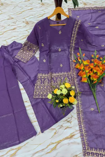 Women's purple embroidered straight crunchy silk kurta set with palazzo and dupatta