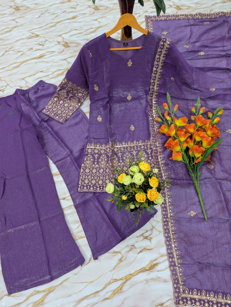 Women's purple embroidered straight crunchy silk kurta set with palazzo and dupatta