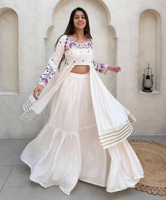 White Rayon Readymade Navratri Lehenga Choli with Embroidery & Mirror Work 1