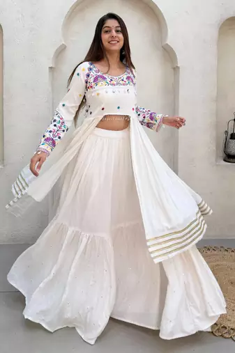 White Rayon Readymade Navratri Lehenga Choli with Embroidery & Mirror Work