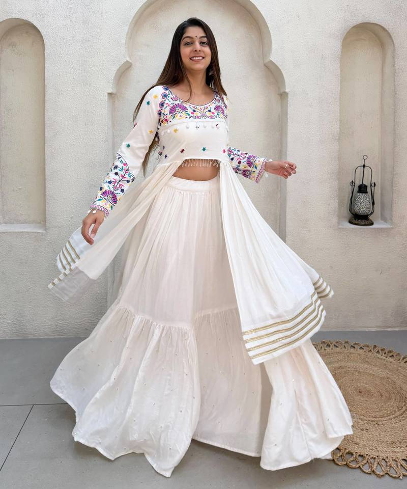 White Rayon Readymade Navratri Lehenga Choli with Embroidery & Mirror Work