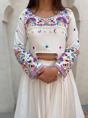White Rayon Readymade Navratri Lehenga Choli with Embroidery & Mirror Work 2