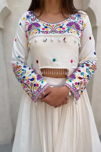 White Rayon Readymade Navratri Lehenga Choli with Embroidery & Mirror Work