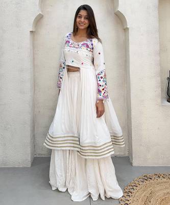 White Rayon Readymade Navratri Lehenga Choli with Embroidery & Mirror Work 3