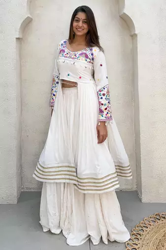 White Rayon Readymade Navratri Lehenga Choli with Embroidery & Mirror Work