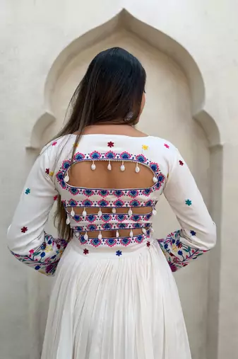 White Rayon Readymade Navratri Lehenga Choli with Embroidery & Mirror Work