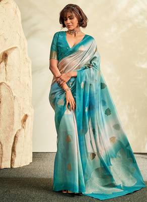cyan soft handloom silk blend saree 1
