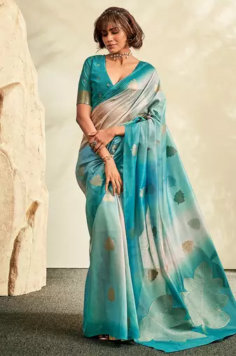 cyan soft handloom silk blend saree