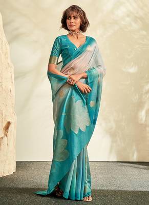 cyan soft handloom silk blend saree 2