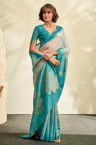 cyan soft handloom silk blend saree