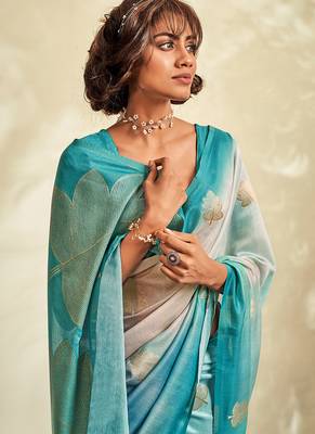 cyan soft handloom silk blend saree 3