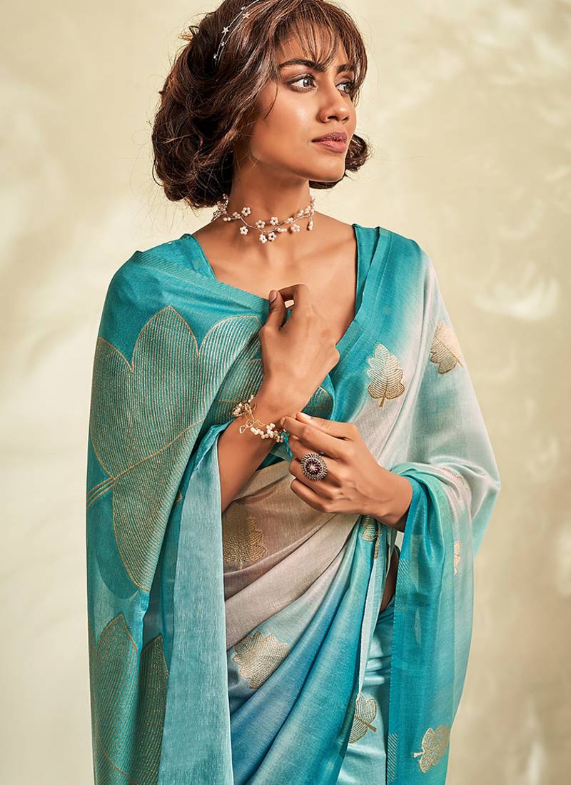 cyan soft handloom silk blend saree