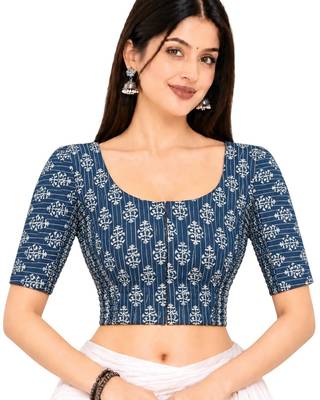 Side smocked stretchable blue cotton printed non padded readymade saree blouse 1