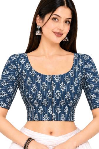 Side smocked stretchable blue cotton printed non padded readymade saree blouse
