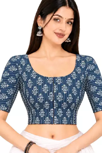 Side smocked stretchable blue cotton printed non padded readymade saree blouse
